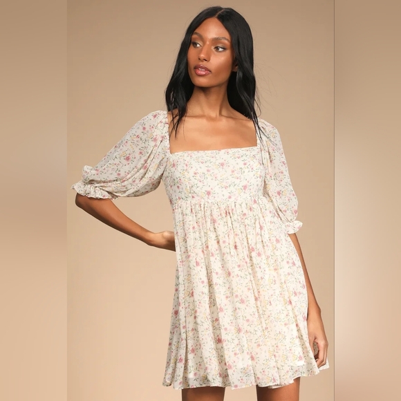 NWT Lulu's Sweet Daydreams White Floral Print Puff Sleeve Mini Dress Lar… - Picture 2 of 10